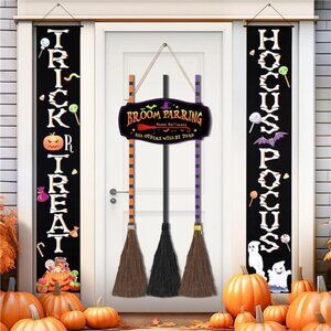 Halloween Decorations Witch Broom Set with Broom Parking Sign, 3 Wooden Witches